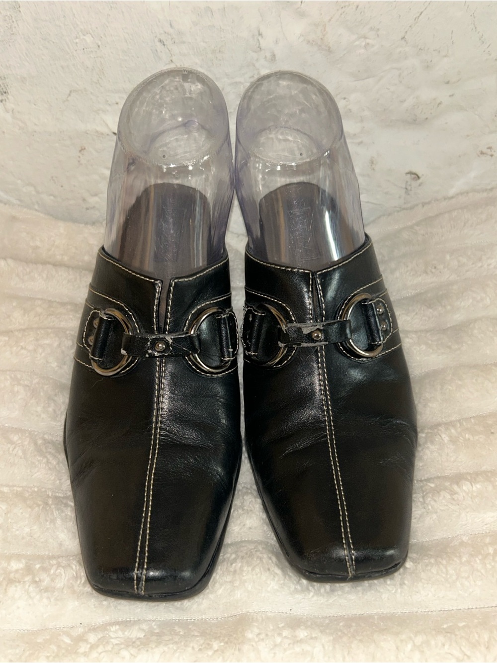 VTG MERONA Black Leather Mule Clogs square toe w/ Silver Buckle Detail y2k